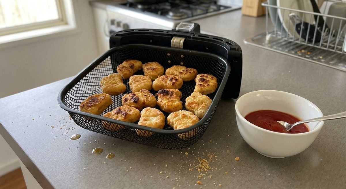 Nuggets de pollo dorados y crujientes en la cesta de la freidora de aire con un bowl de kétchup